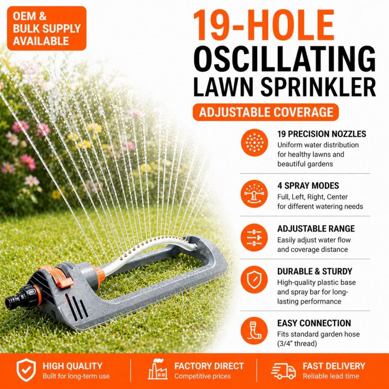 19-hole oscillating lawn sprinkler spraying a rectangular lawn