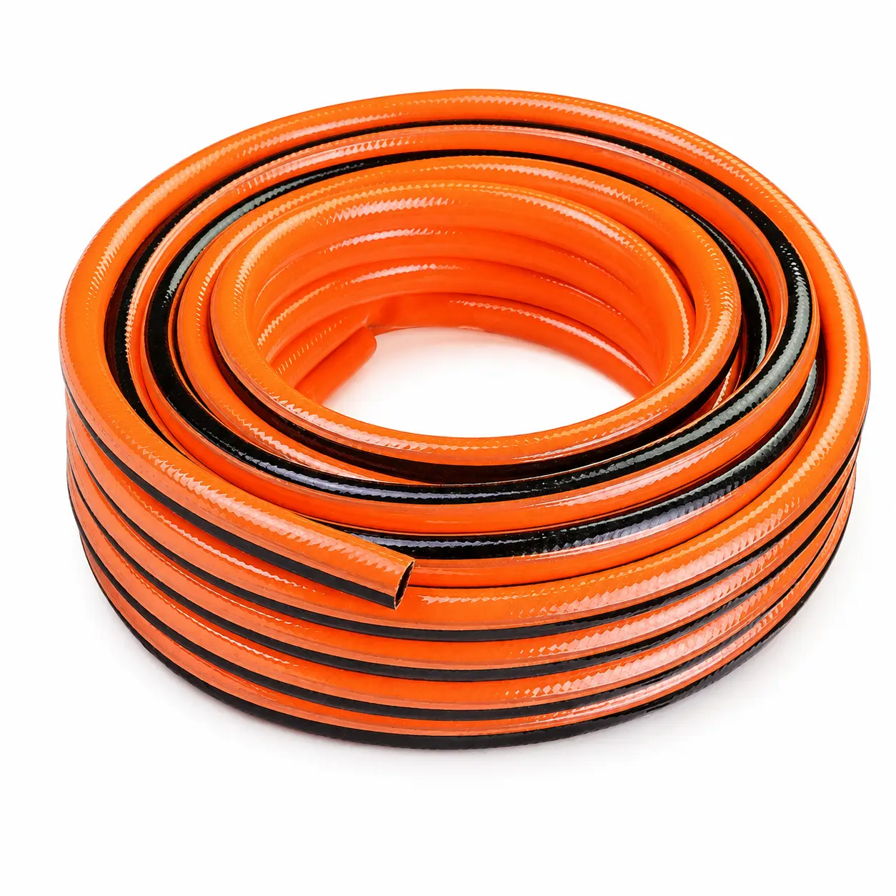 Orange and black reinforced braided PVC garden hose coil